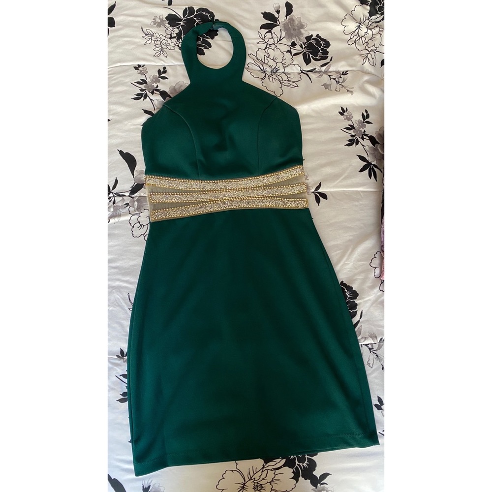 Forest green dress with low back & mesh sides